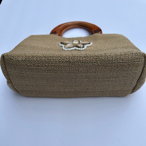 Vintage - Beaded Shell Woven Jute Purse / Handbag Wood Natural Fiber Puka Bamboo - Picture 4 of 13